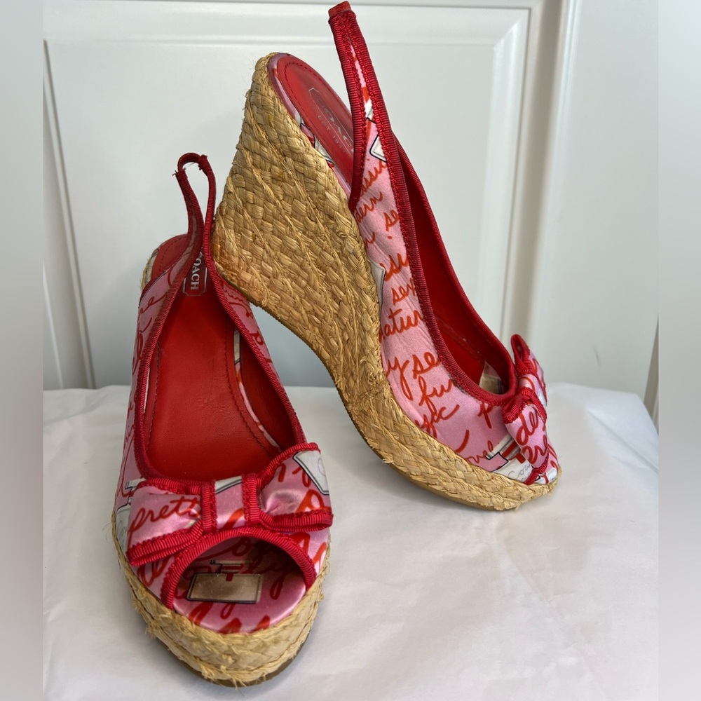 Coach, 10, Red and Pink wedge sandals.